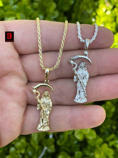 925 Sterling Silver Gold Santa Muerte Grim Reaper Death Pendant Necklace