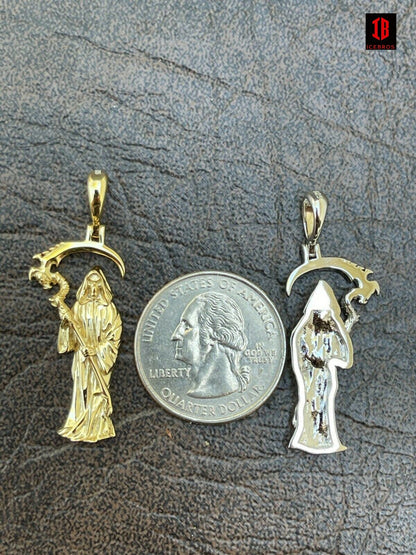 925 Sterling Silver Gold Santa Muerte Grim Reaper Death Pendant Necklace