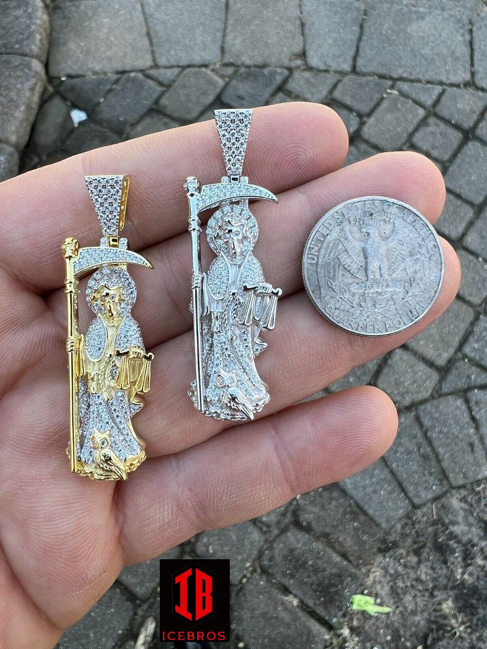 Fine 925 Sterling Silver 10K Gold Santa Muerte Grim Reaper Death Pendant Necklace