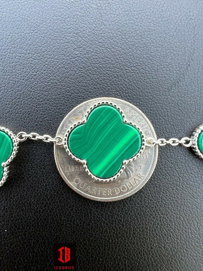 Real 925 Sterling Silver Green Malachite Four Leaf Clover Flower Bracelet 6-7.5inch