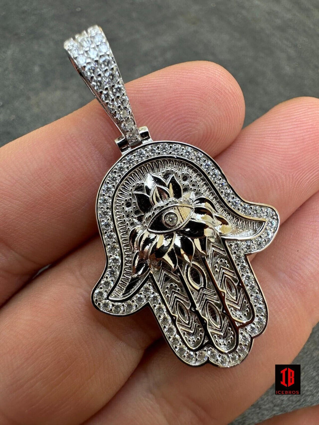 Real 925 Sterling Silver Hamsa Evil Eye Hand Iced MOISSANITE Pendant - YELLOW GOLD