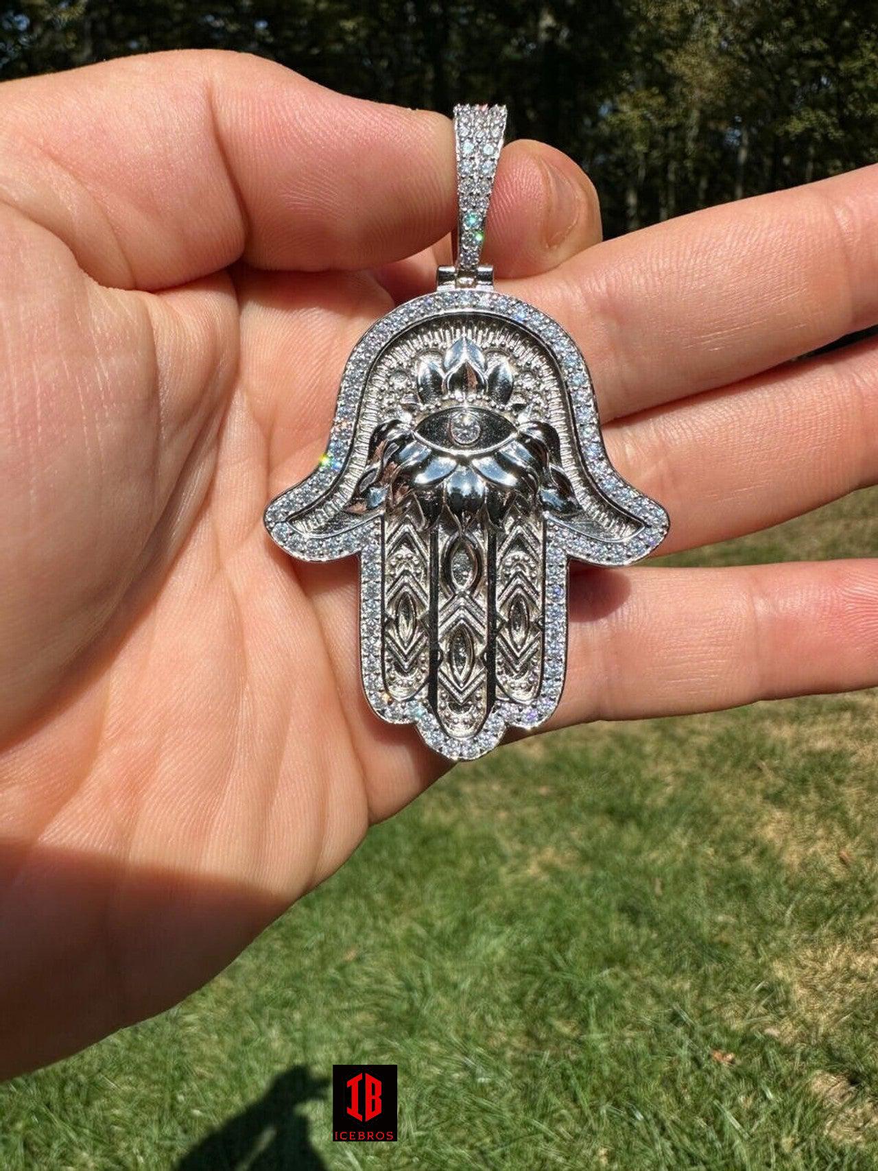 Real 925 Sterling Silver Hamsa Evil Eye Hand Iced MOISSANITE Pendant - WHITE GOLD