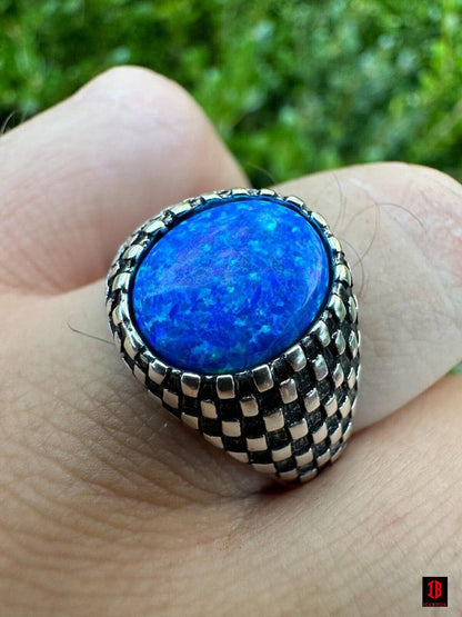 Real 925 Sterling Silver Lab Created Fire Blue Opal Gem Stone Ring Mens Ladies