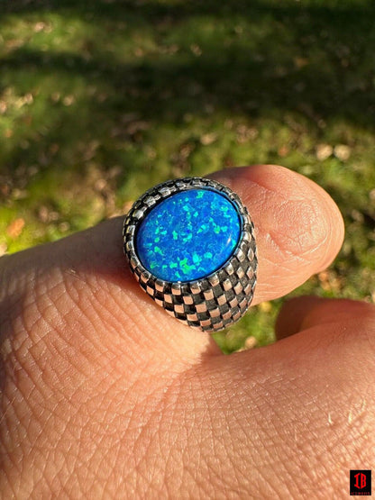 Real 925 Sterling Silver Lab Created Fire Blue Opal Gem Stone Ring Mens Ladies