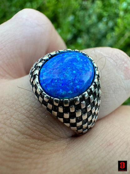 Real 925 Sterling Silver Lab Created Fire Blue Opal Gem Stone Ring Mens Ladies