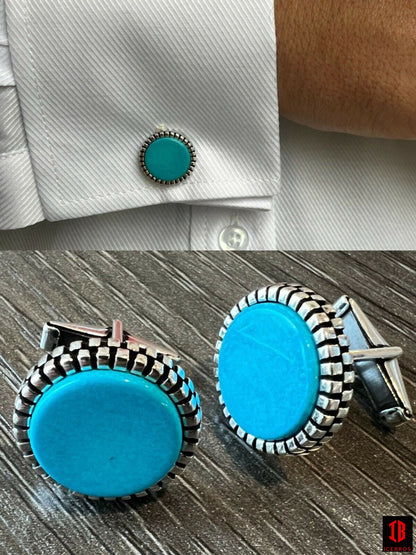 Real 925 Sterling Silver Mens Blue Turquoise Cuff Links Cufflinks Tuxedo Shirt