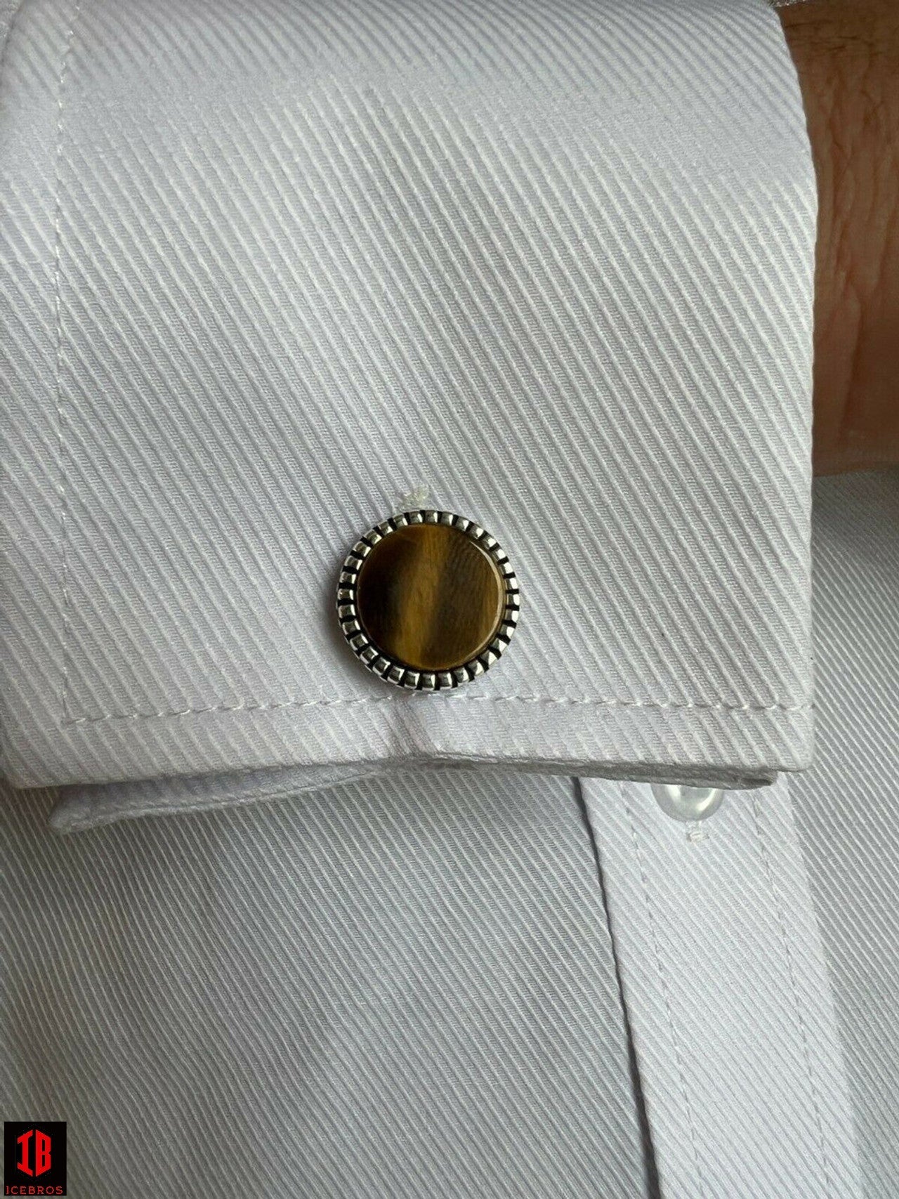 Real 925 Sterling Silver Tiger's Eye Stone Cuff Links Cufflinks Tuxedo Shirt