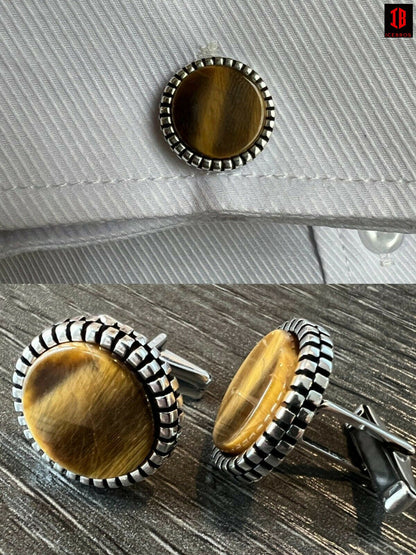 Real 925 Sterling Silver Tiger's Eye Stone Cuff Links Cufflinks Tuxedo Shirt