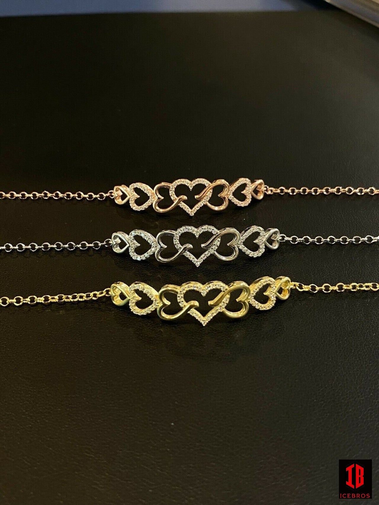 Real 925 Sterling Silver / Yellow Rose Gold Heart Shape Love CZ Ladies Bracelet