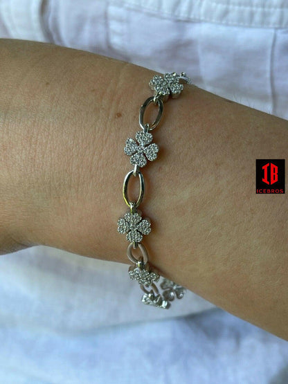 Real 925 Sterling Silver / Yellow Rose Gold Iced Diamond Clover Charm Bracelet