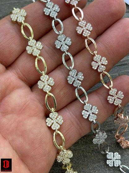 Real 925 Sterling Silver / Yellow Rose Gold Iced Diamond Clover Charm Bracelet