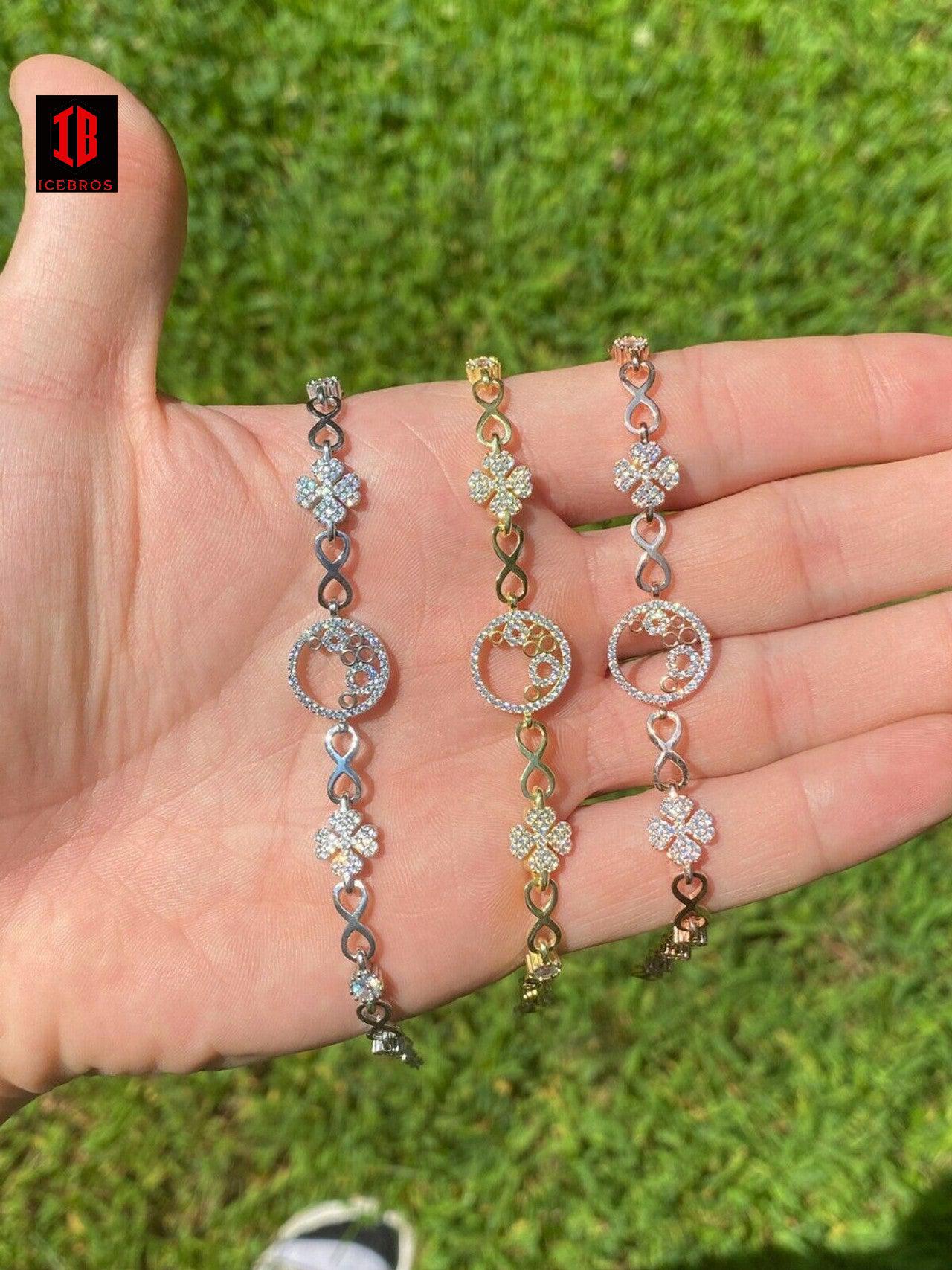 Real 925 Sterling Silver Yellow Rose Gold Infinity Four Leaf Clover CZ Bracelet