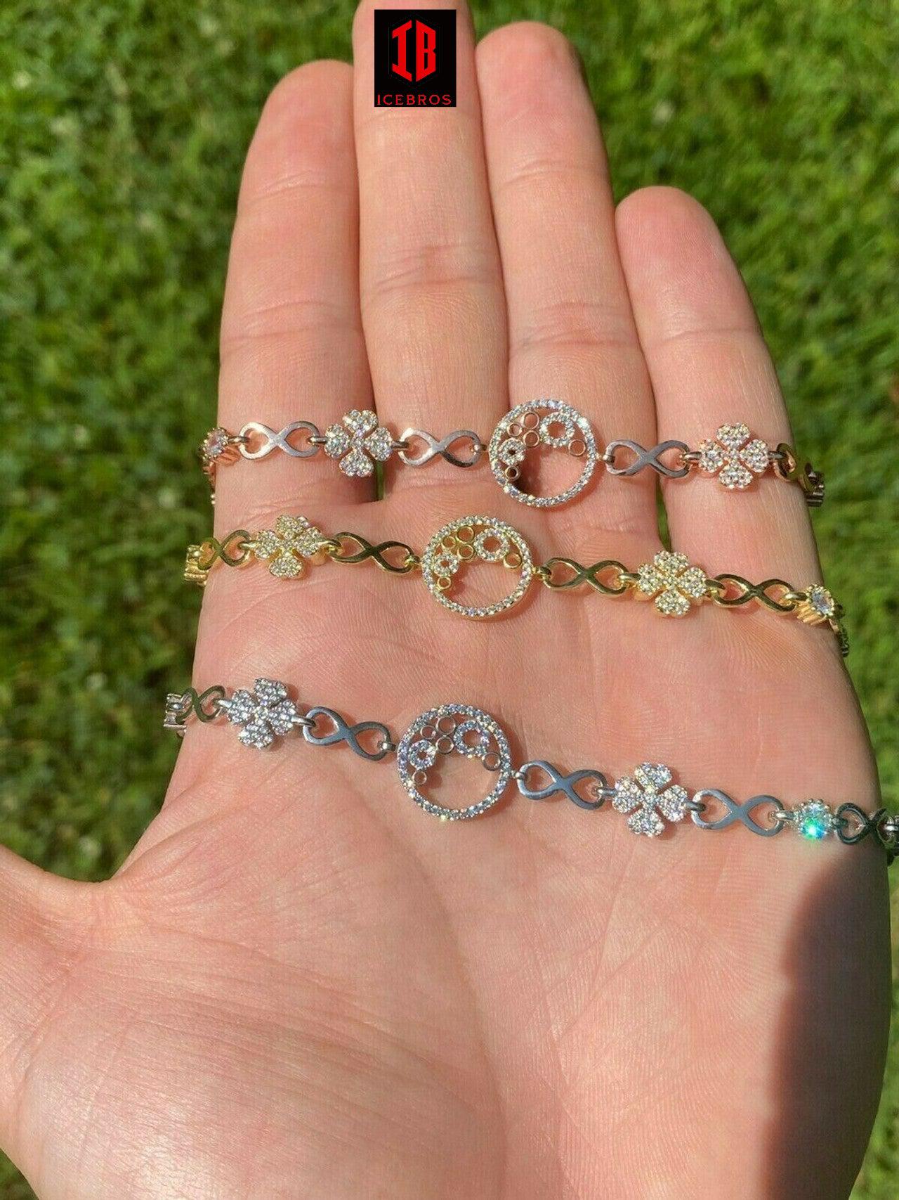 Real 925 Sterling Silver Yellow Rose Gold Infinity Four Leaf Clover CZ Bracelet