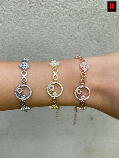 Real 925 Sterling Silver Yellow Rose Gold Infinity Four Leaf Clover CZ Bracelet