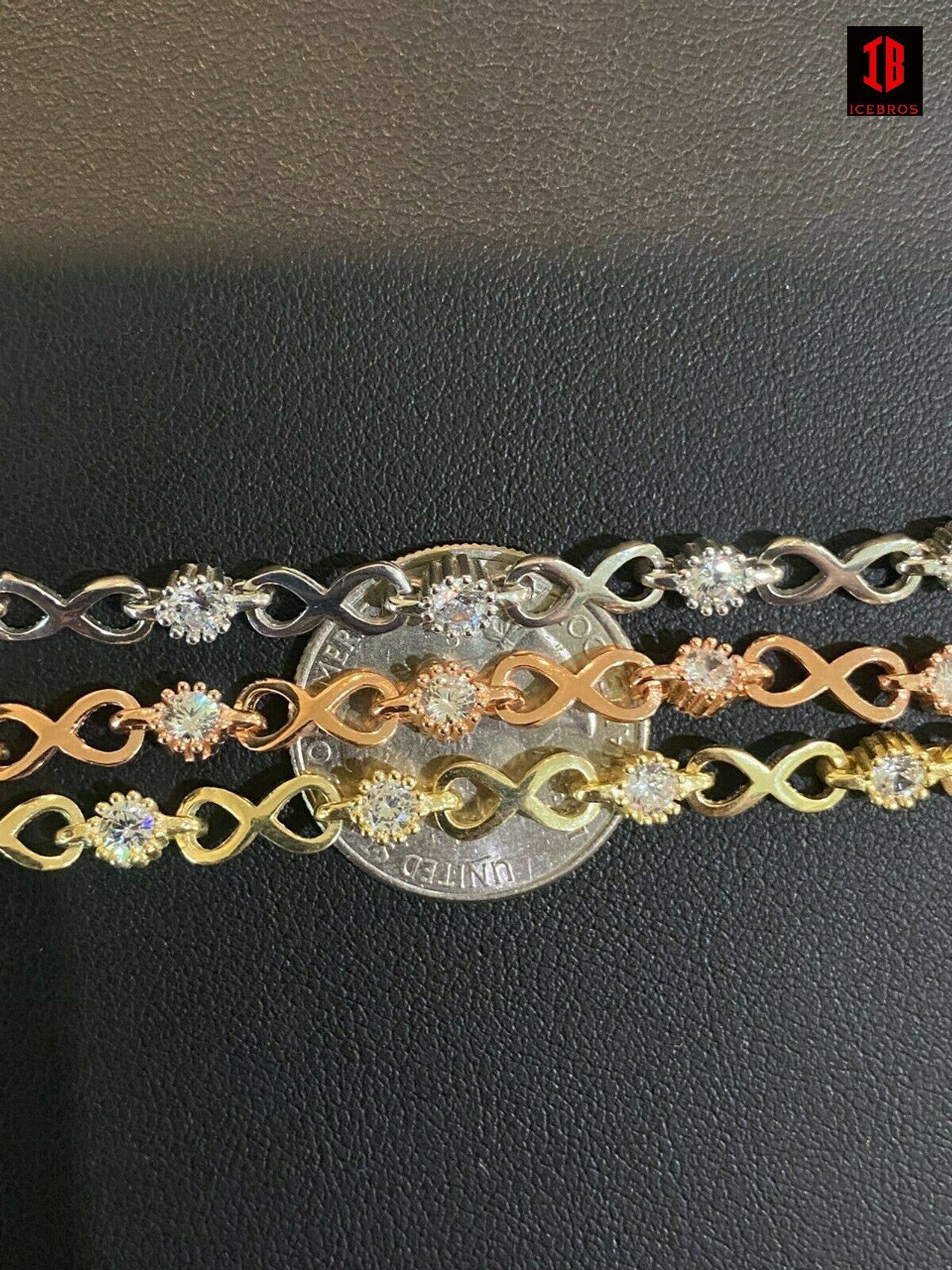 Real 925 Sterling Silver / Yellow Rose Gold Infinity Tennis CZ Ladies Bracelet