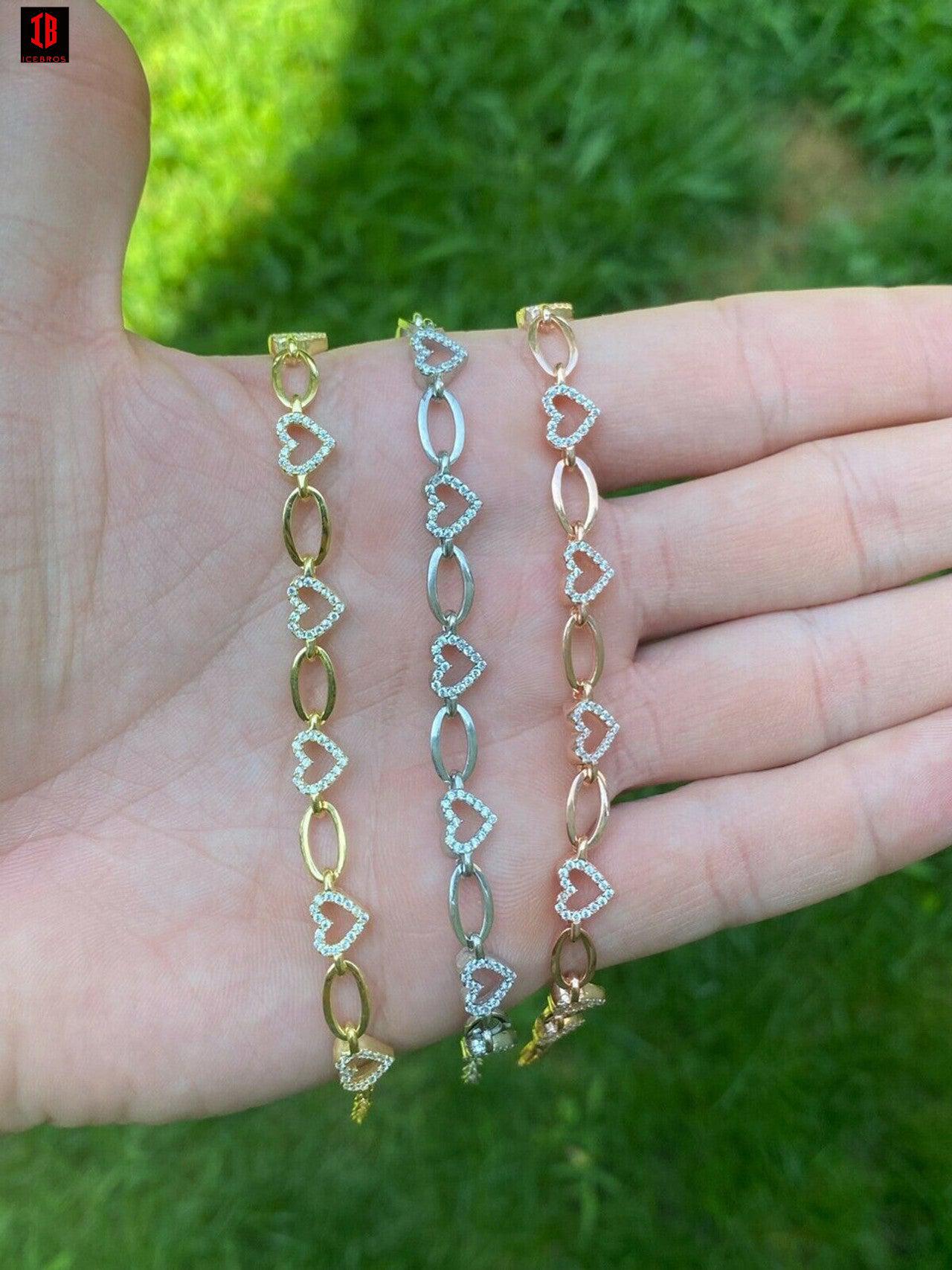 Real 925 Sterling Silver / Yellow Rose Gold Paperclip Heart CZ Ladies Bracelet