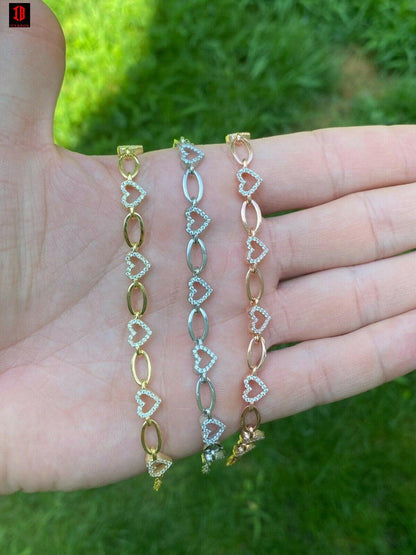 Real 925 Sterling Silver / Yellow Rose Gold Paperclip Heart CZ Ladies Bracelet