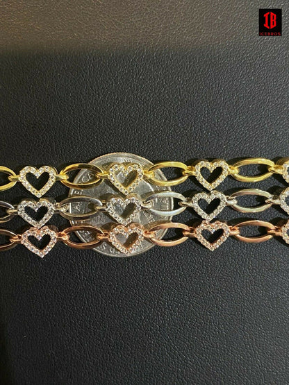 Real 925 Sterling Silver / Yellow Rose Gold Paperclip Heart CZ Ladies Bracelet