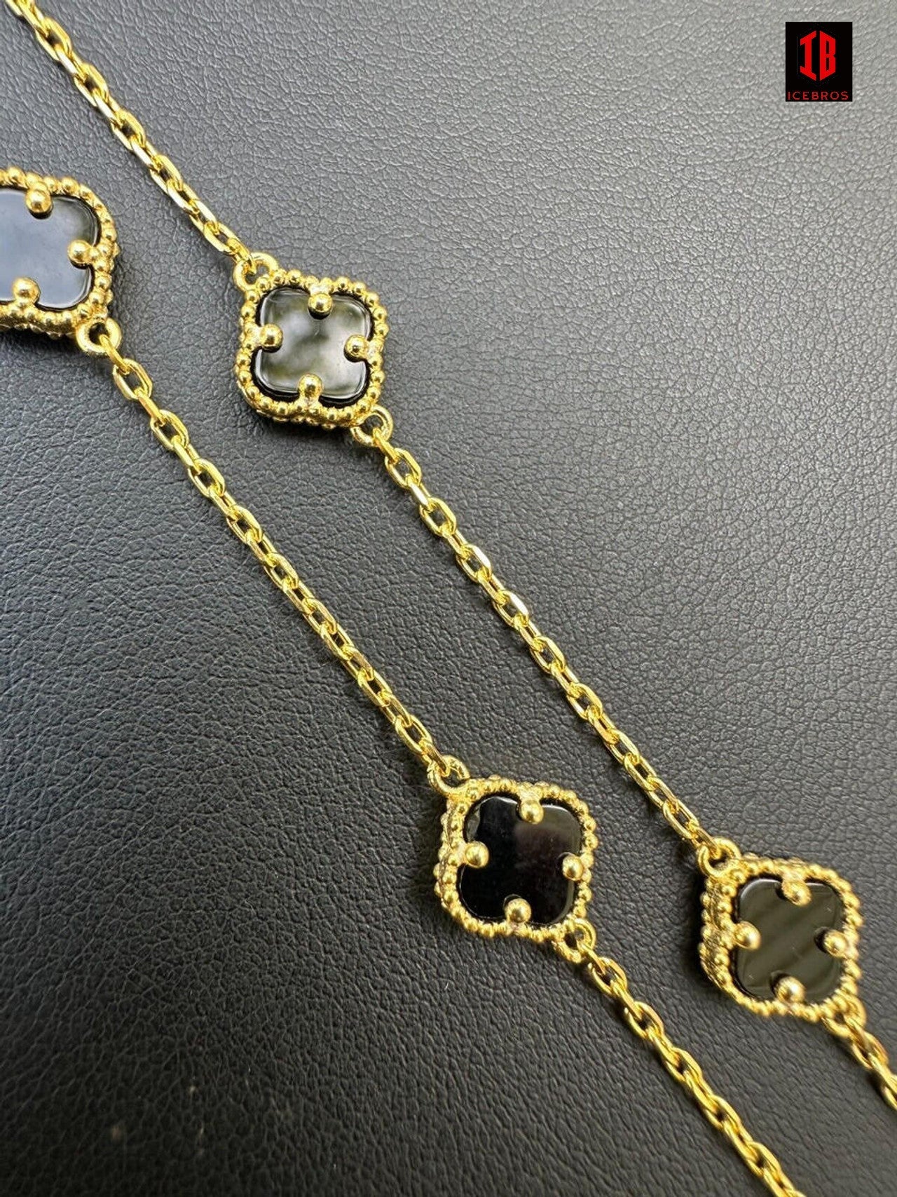 Real Clover Black Onyx 14-24inch chain 14k Gold Vermeil 925 Silver