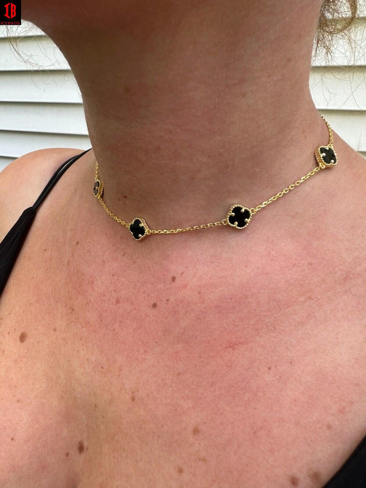 Real Clover Black Onyx 14-24inch chain 14k Gold Vermeil 925 Silver