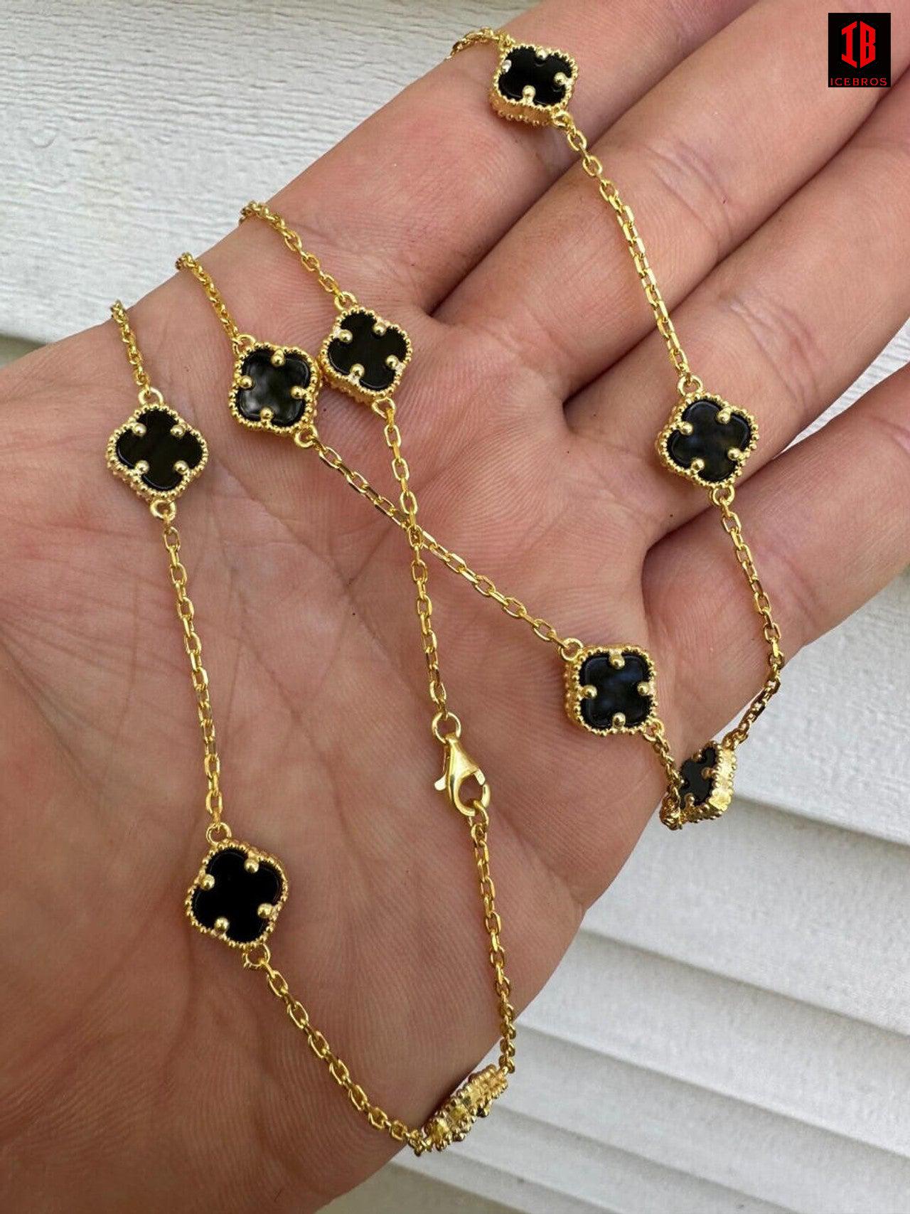 Real Clover Black Onyx 14-24inch chain 14k Gold Vermeil 925 Silver