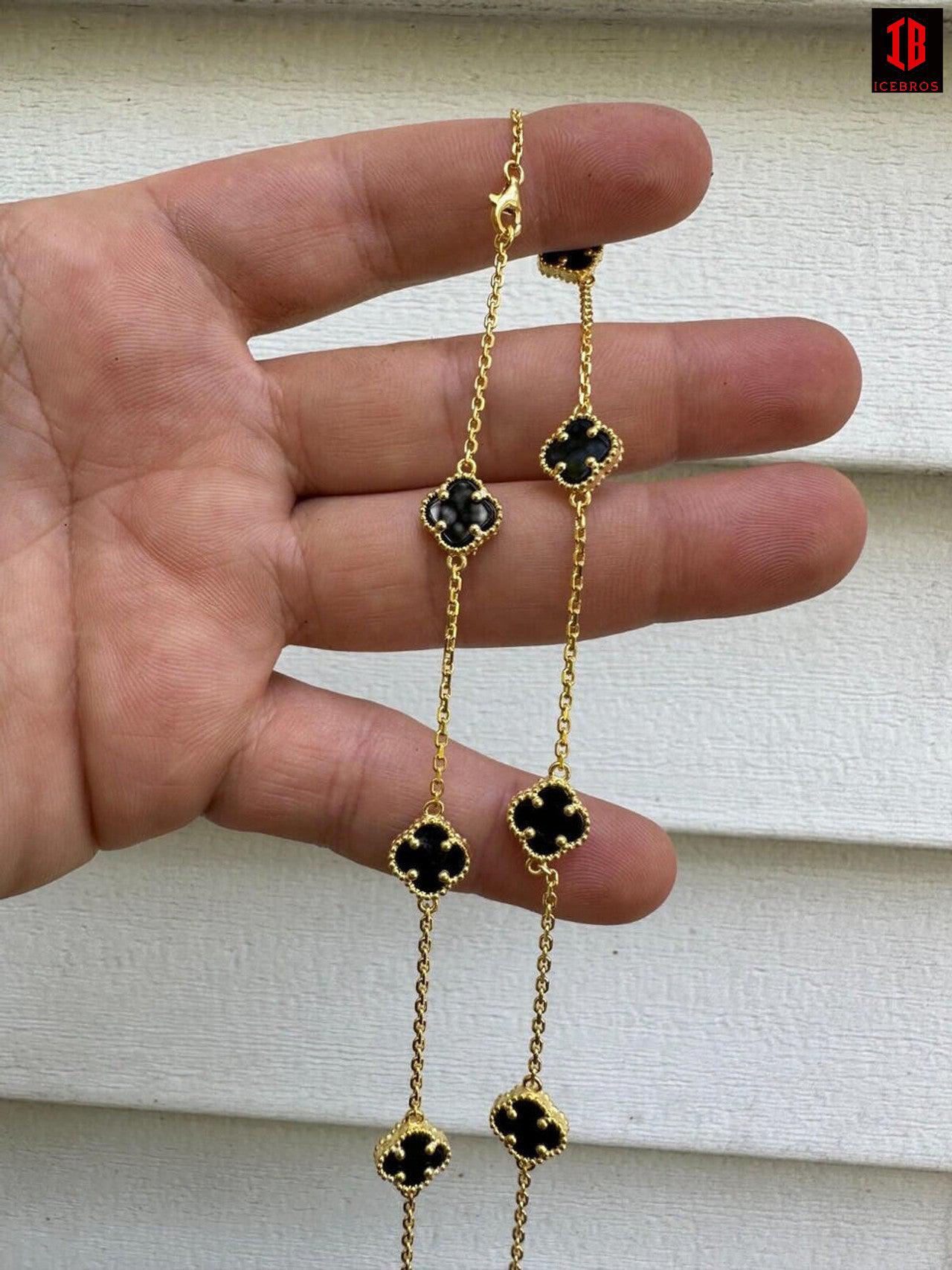 Real Clover Black Onyx 14-24inch chain 14k Gold Vermeil 925 Silver