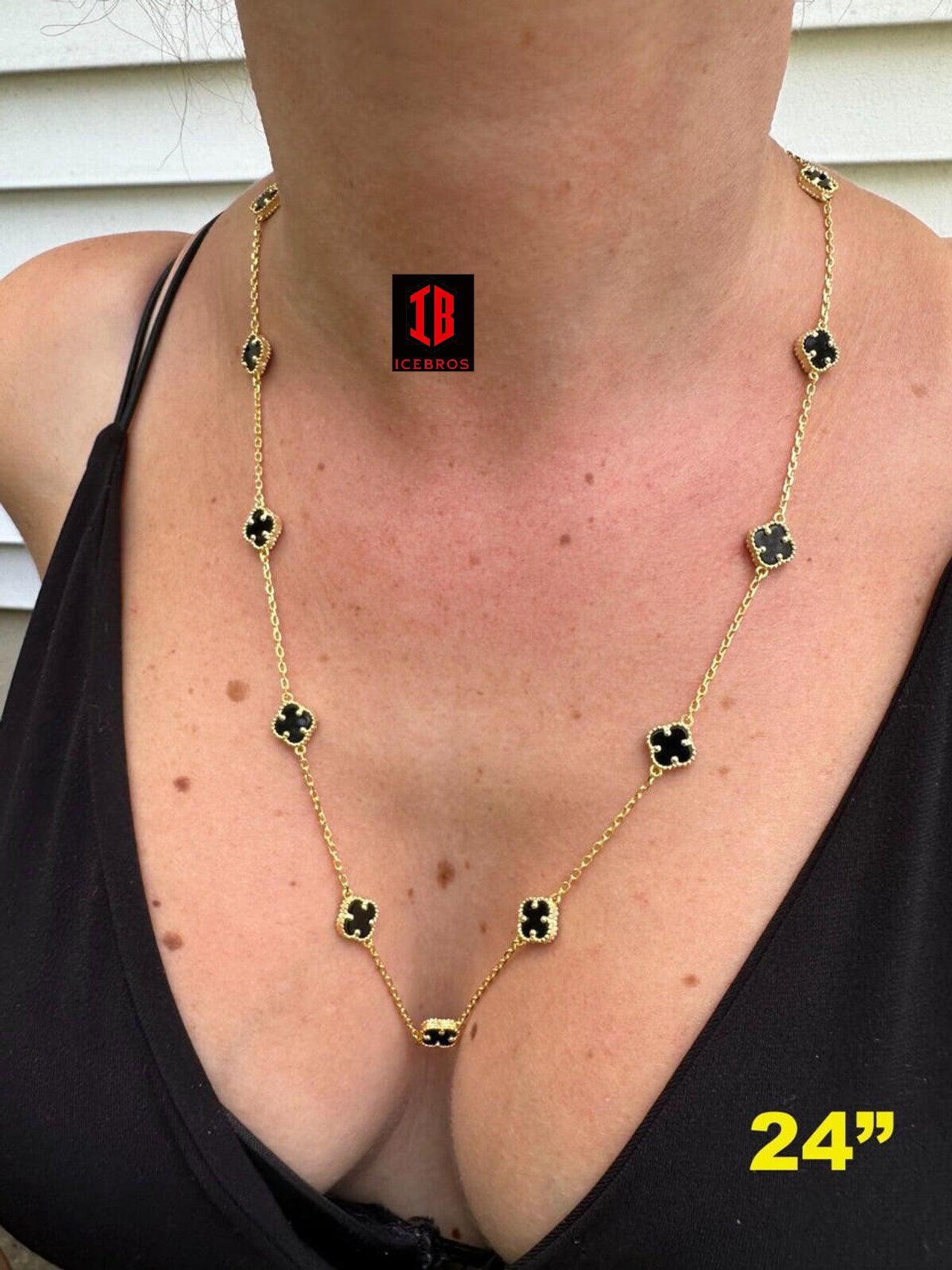 Real Clover Black Onyx 14-24inch chain 14k Gold Vermeil 925 Silver