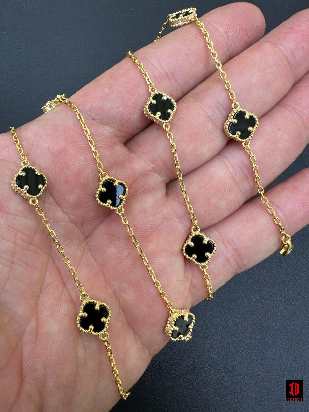 Real Clover Black Onyx 14-24inch chain 14k Gold Vermeil 925 Silver