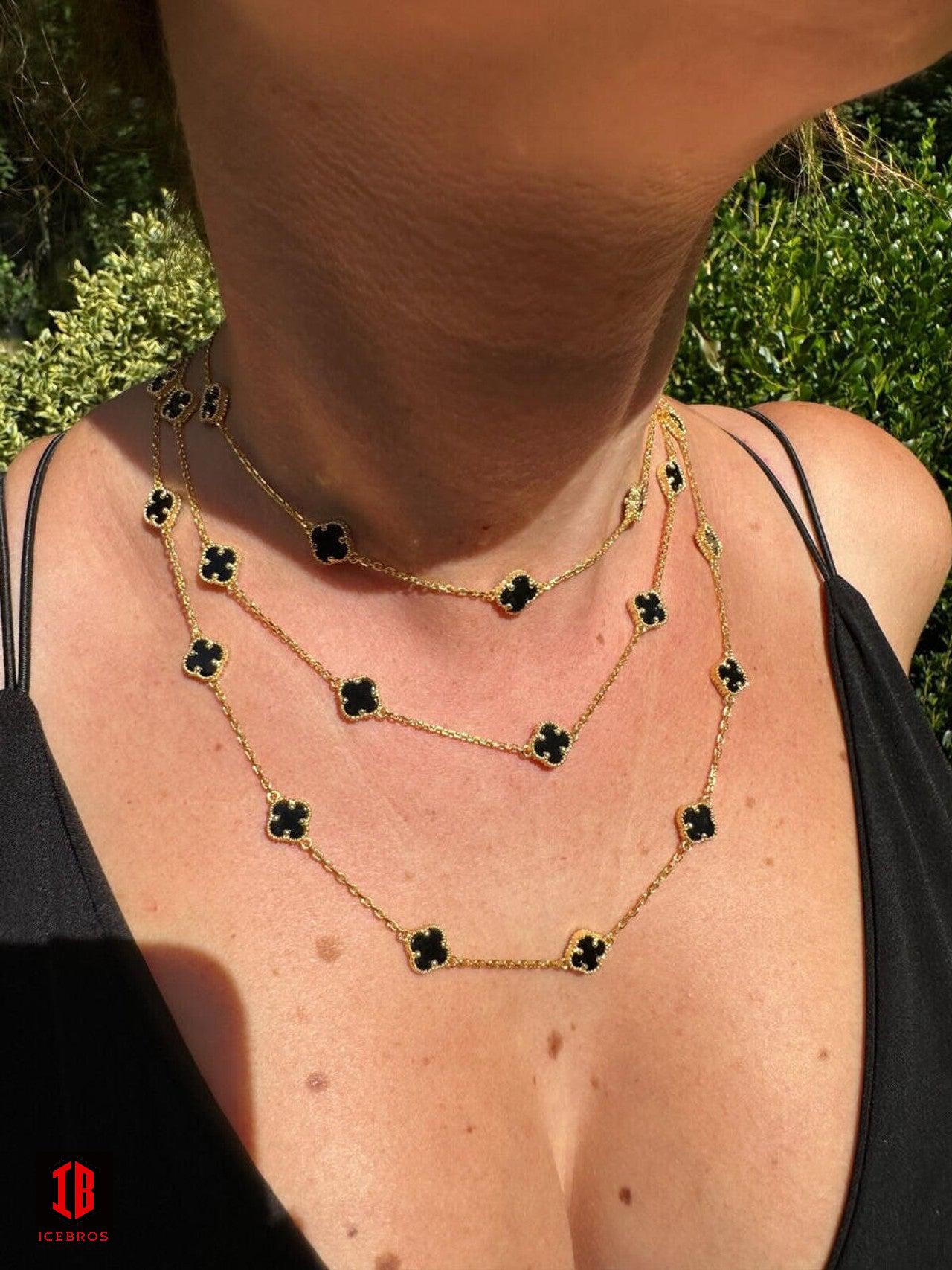 Real Clover Black Onyx 14-24inch chain 14k Gold Vermeil 925 Silver