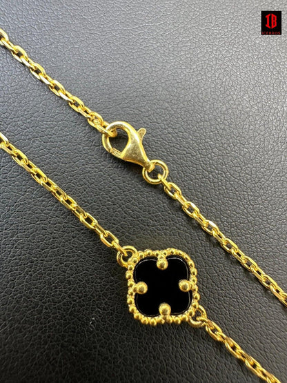 Real Clover Black Onyx 14-24inch chain 14k Gold Vermeil 925 Silver