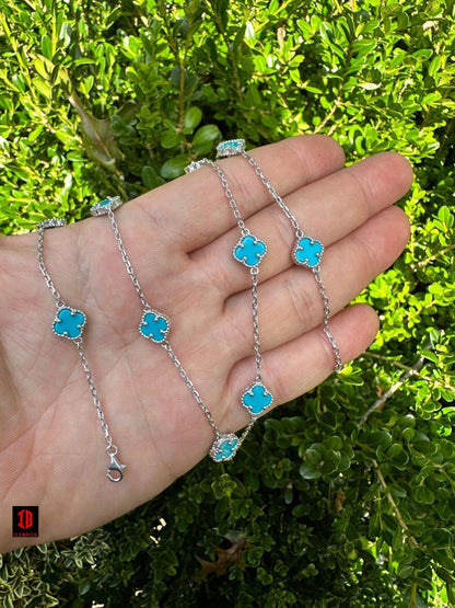 Real Clover Blue Turquoise Stone Flower 14-24inch Necklace 925 Silver