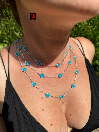 Real Clover Blue Turquoise Stone Flower 14-24inch Necklace 925 Silver