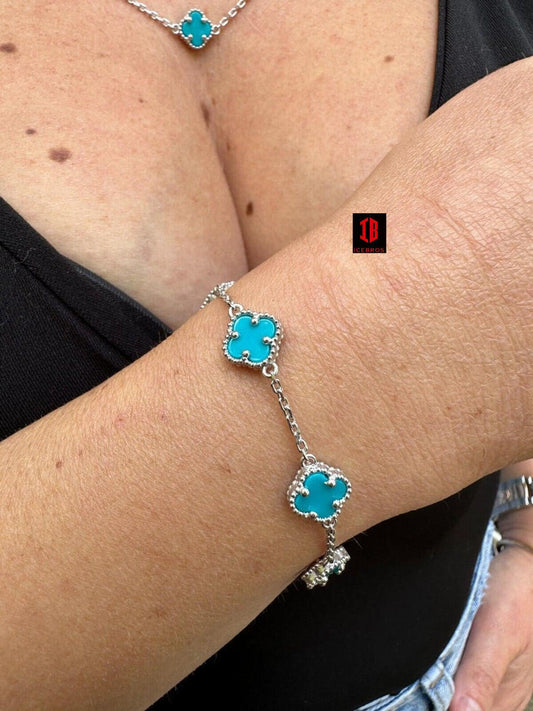 Real Clover Blue Turquoise Stone Flower 14-24inch Bracelet 925 Silver