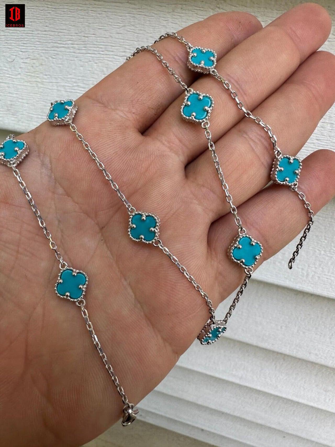 Real Clover Blue Turquoise Stone Flower 14-24inch Necklace 925 Silver