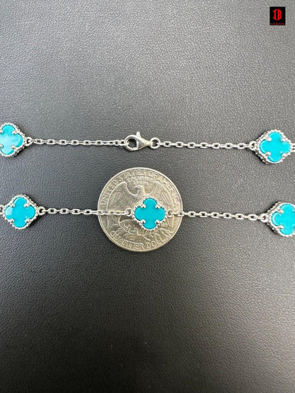 Real Clover Blue Turquoise Stone Flower 14-24inch Necklace 925 Silver