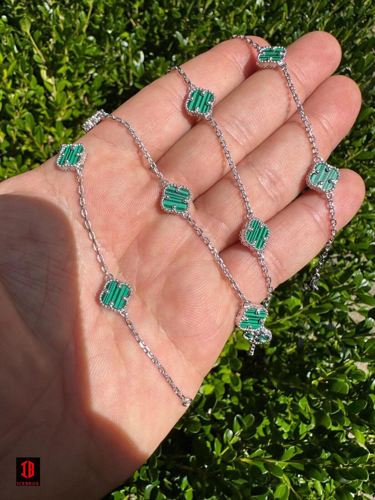 Real Clover Green Malachite Stone Flower 14-24inch Chain 925 Silver