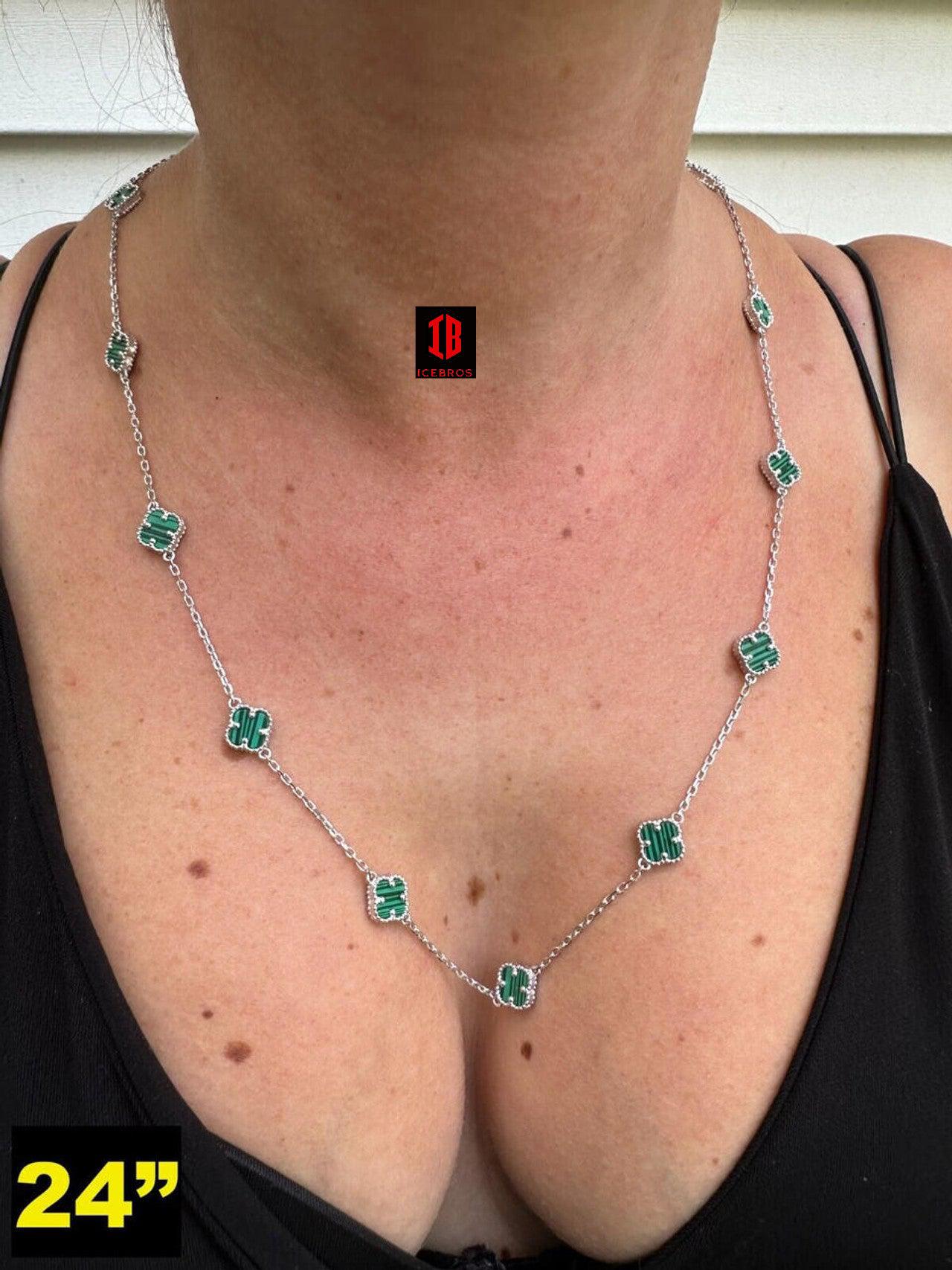 Real Clover Green Malachite Stone Flower 14-24inch Chain 925 Silver