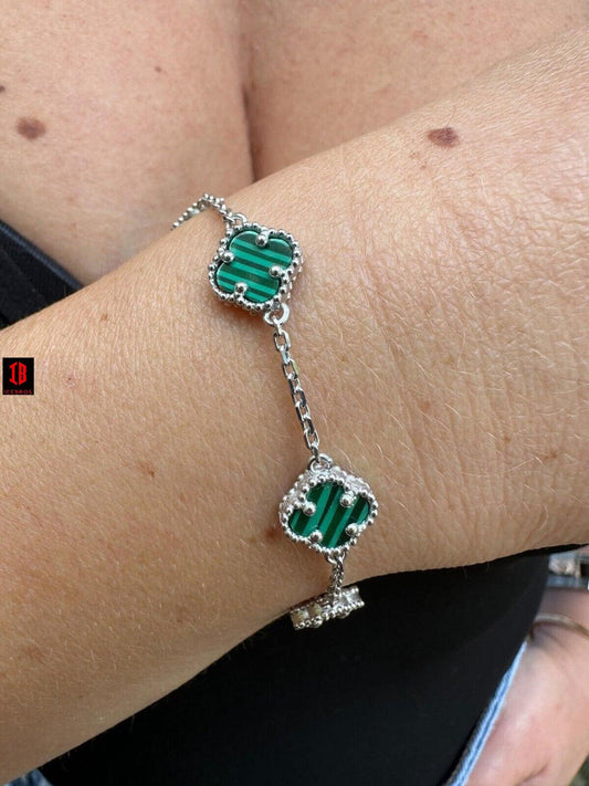 Real Clover Green Malachite Stone Flower 14-24inch Bracelet 925 Silver