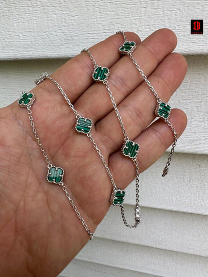 Real Clover Green Malachite Stone Flower 14-24inch Chain 925 Silver