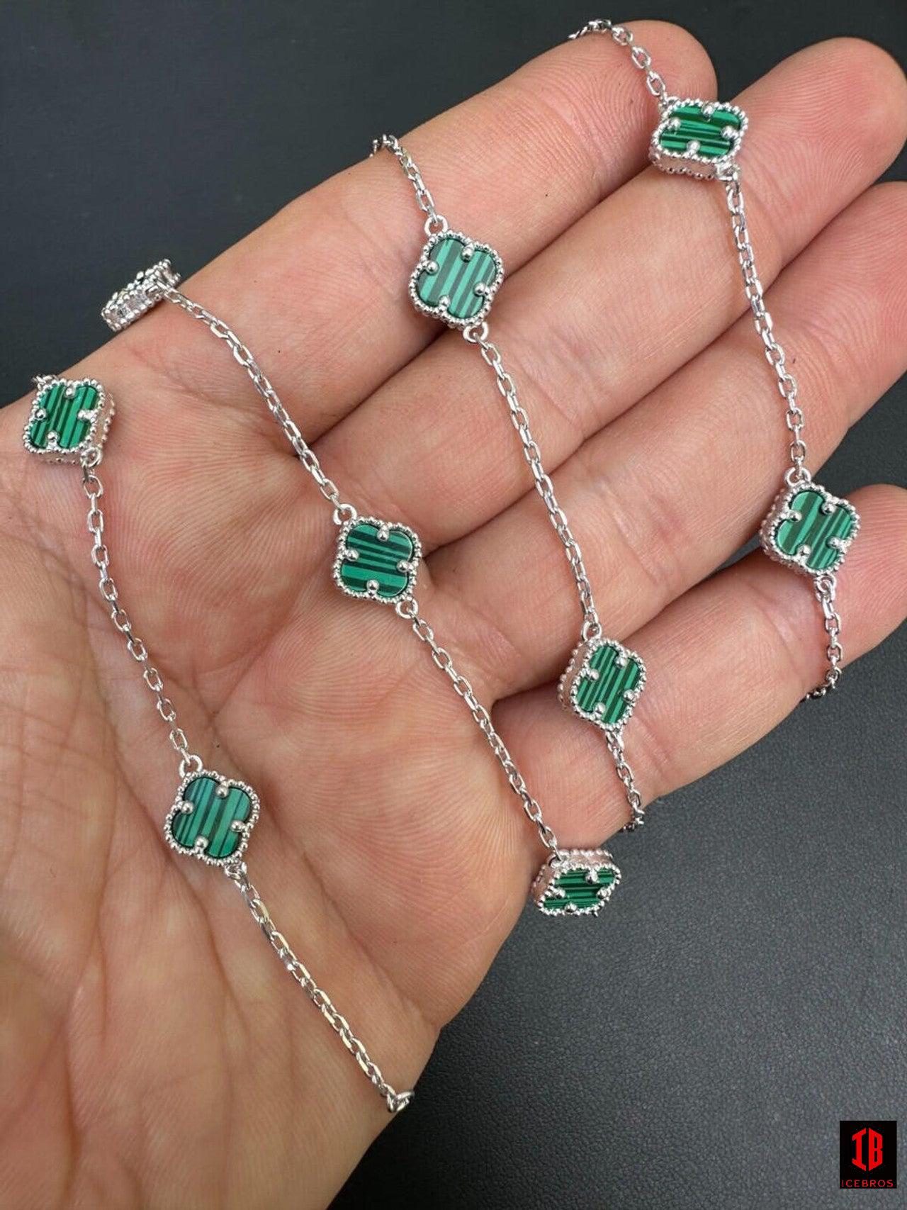 Real Clover Green Malachite Stone Flower 14-24inch Chain 925 Silver