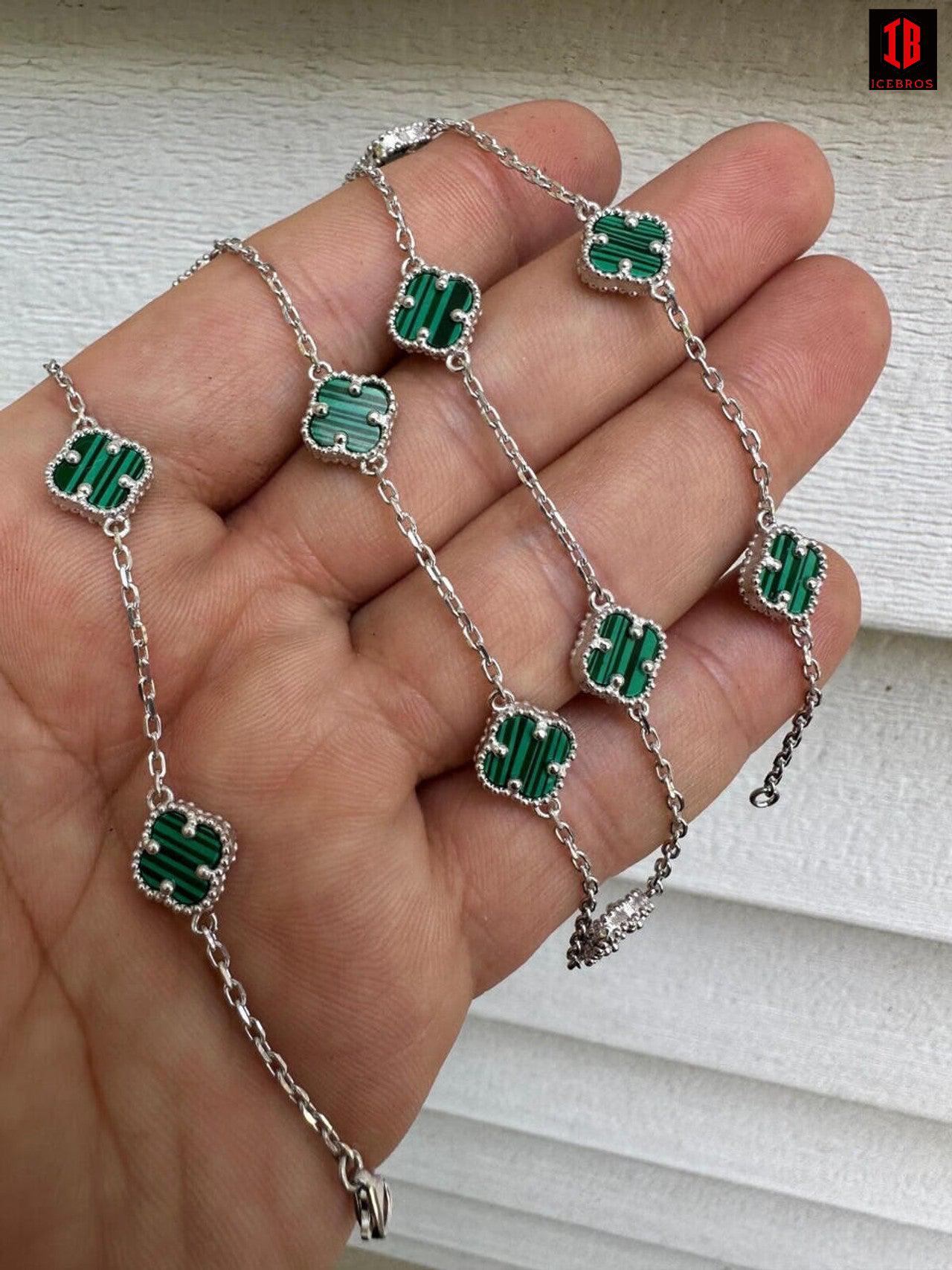 Real Clover Green Malachite Stone Flower 14-24inch Chain 925 Silver