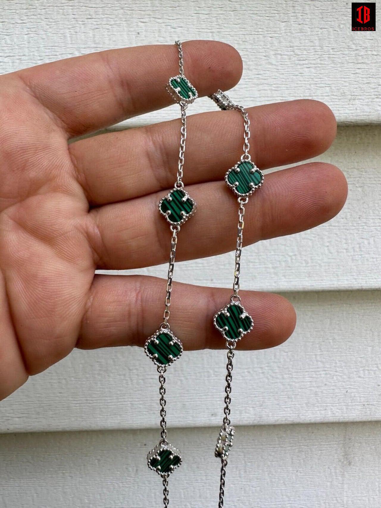 Real Clover Green Malachite Stone Flower 14-24inch Chain 925 Silver