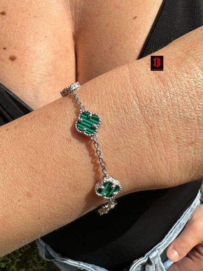 Real Clover Green Malachite Stone Flower 14-24inch Bracelet 925 Silver