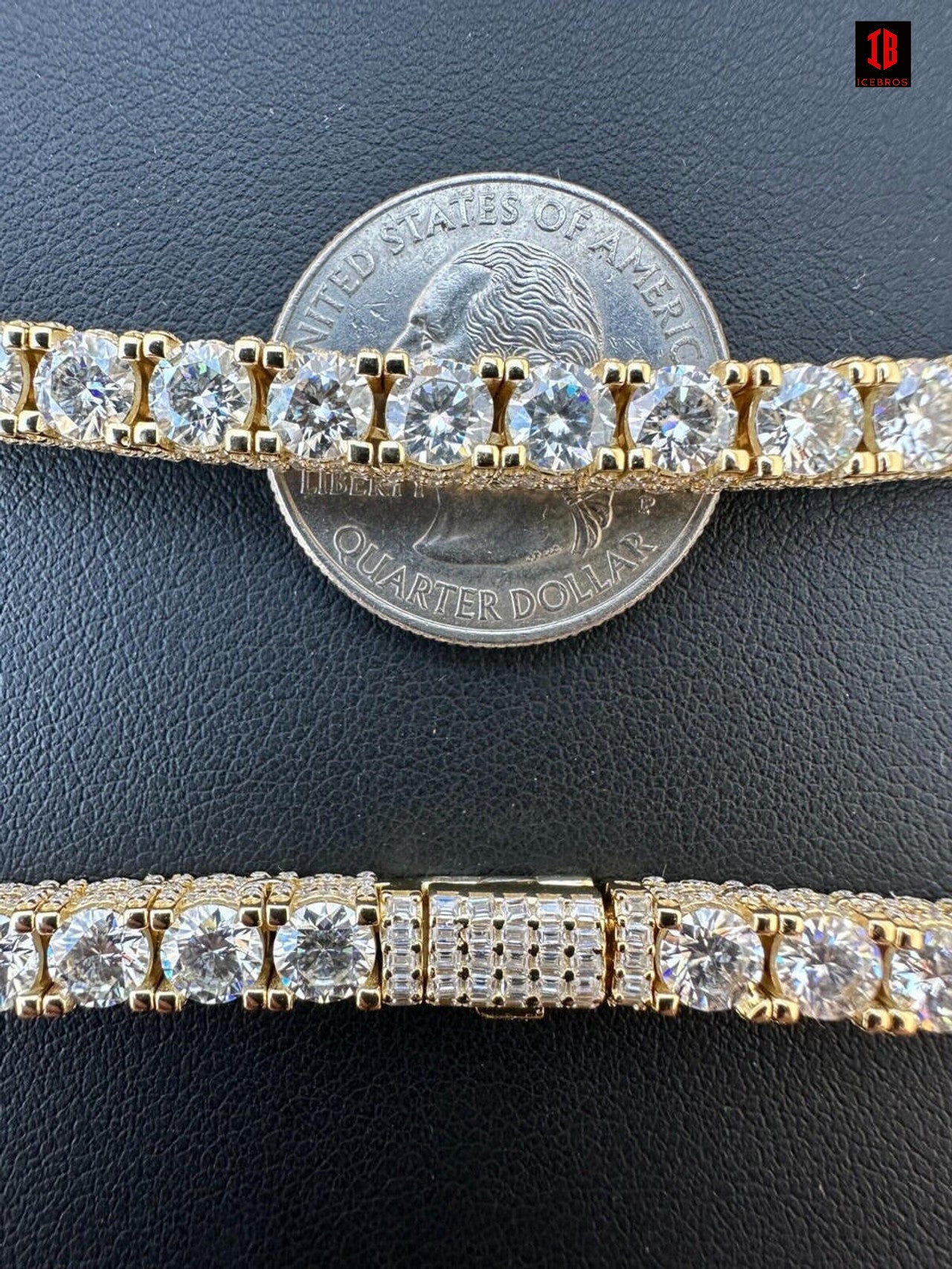 Stunning close-up view of a Yellow Gold Tennis Bracelet  featuring VVS Moissanite Diamonds. This elegant bracelet embodies the timeless appeal of a tennis bracelet and the allure of baguette diamond accents. A luxurious piece of jewelry crafted in 14k yellow gold, perfect for women seeking a glamorous addition to their collection.