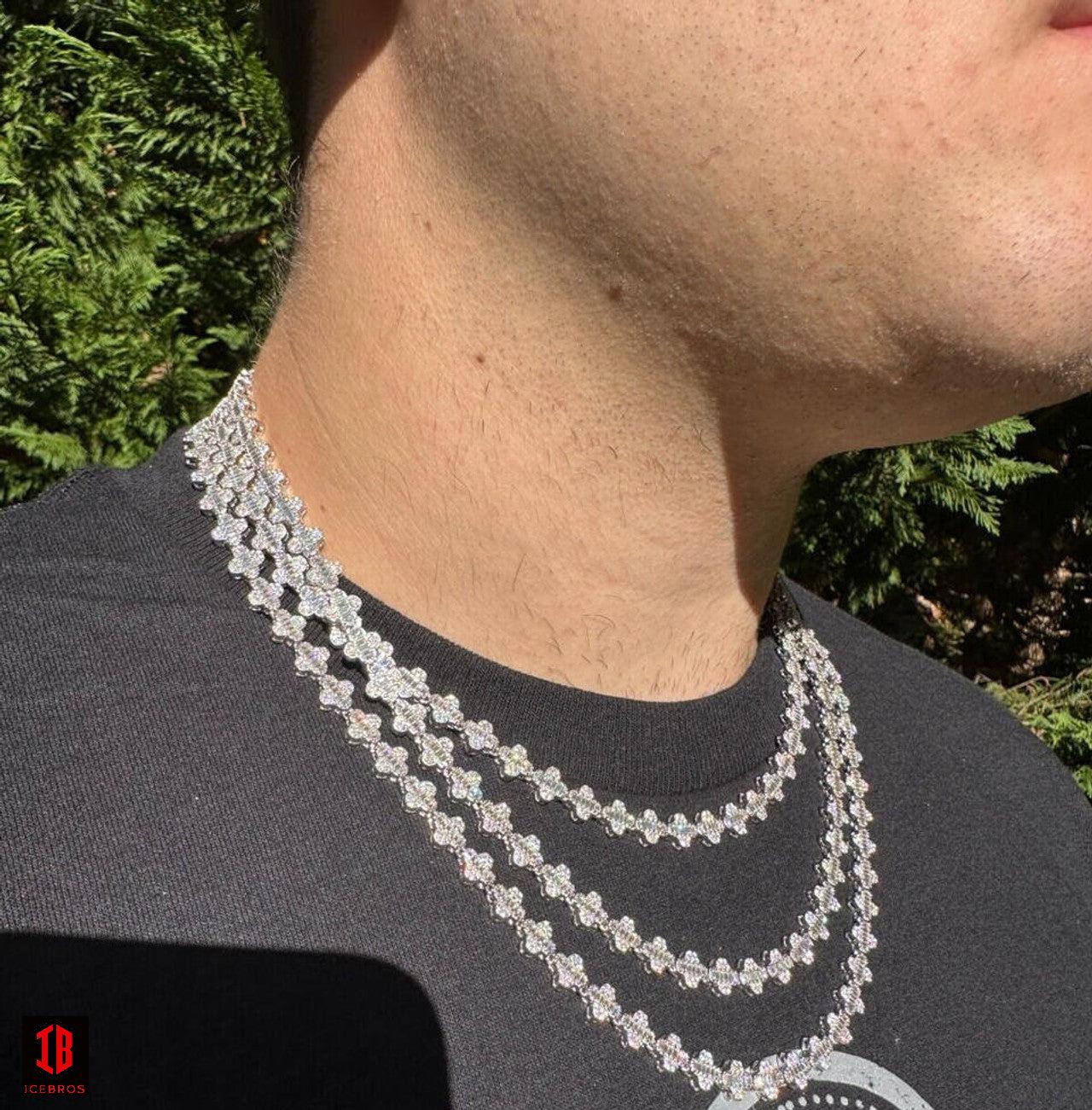 Men Wearing Different Sizes of White Gold Baguette Clover Tennis Chain