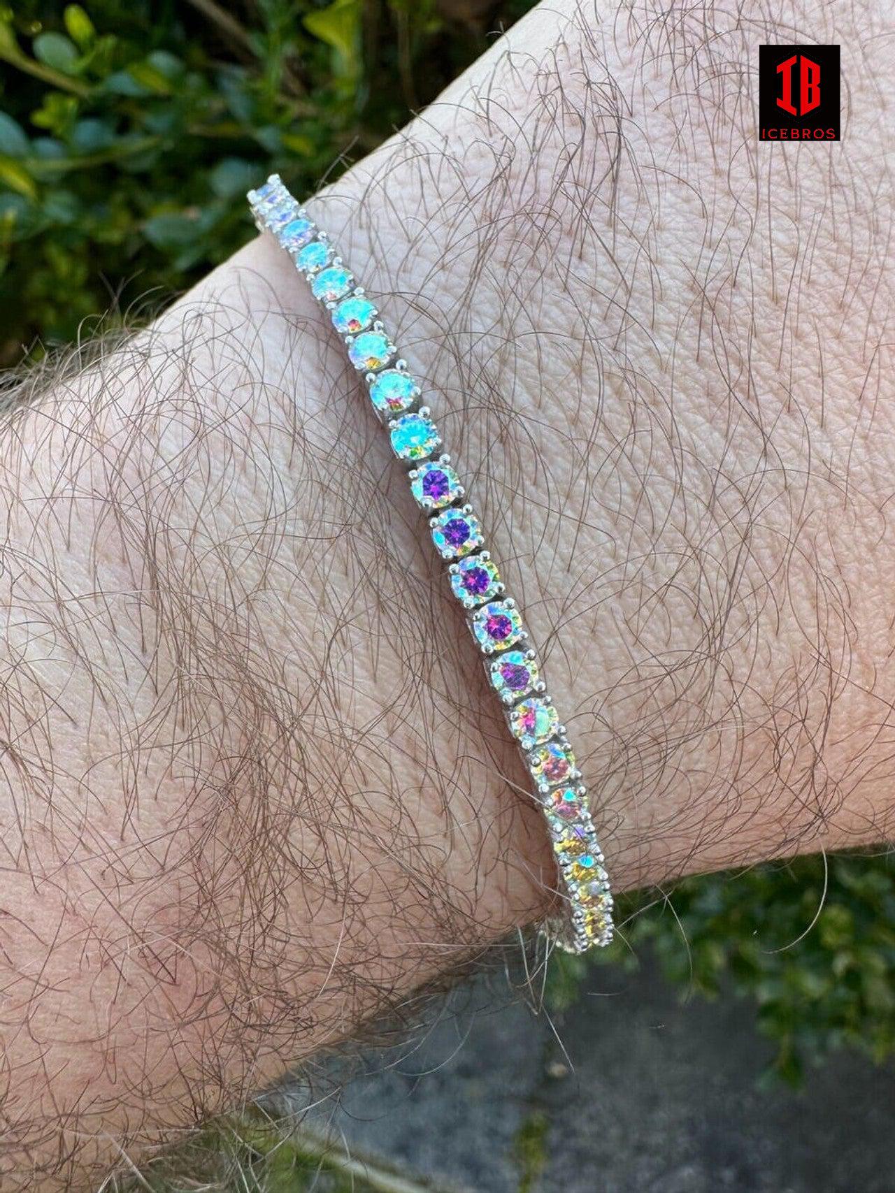 Purple Iced Opal Rainbow MOISSANITE 3mm Tennis Bracelet 925 Silver Diamond Tester