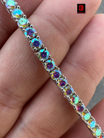 Purple Iced Opal Rainbow MOISSANITE 3mm Tennis Bracelet 925 Silver Diamond Tester