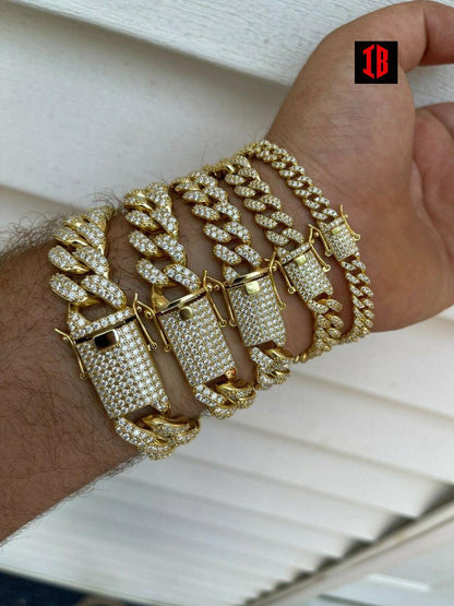 YELLOW GOLD Real Miami Cuban Link Bracelet Iced Diamond Out Solid 925 Sterling Silver HEAVY