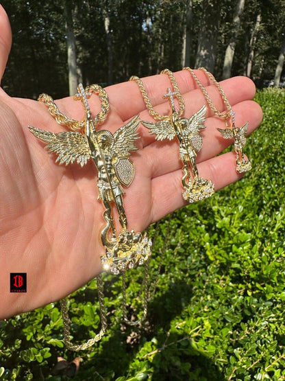 Glossy MOISSANITE Saint Michael Killing Dragon Demon 3D 14k White Gold Sand Blast 925 Matte Silver