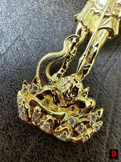 Glossy MOISSANITE Saint Michael Killing Dragon Demon 3D 14k Rose Gold Sand Blast 925 Matte Silver